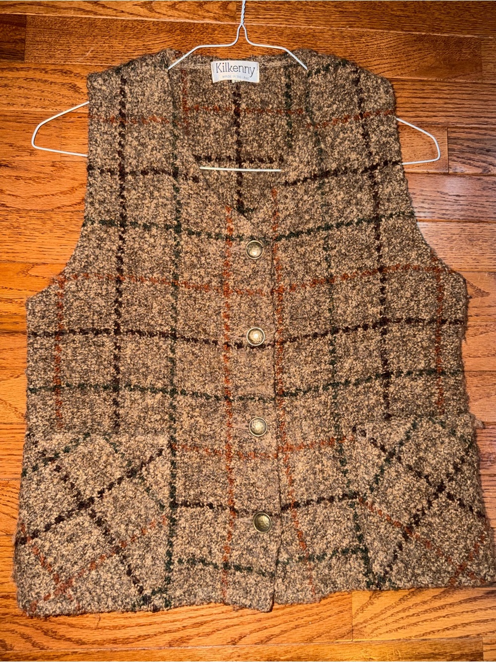 Vintage 70s Kilkenny Ireland Women’s Wool Plaid Knitted Vest Brown with Pockets